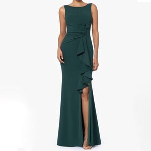 Betsy & Adam Christine Ruffled Bow Gown – Size 6 Petite – Pine Green